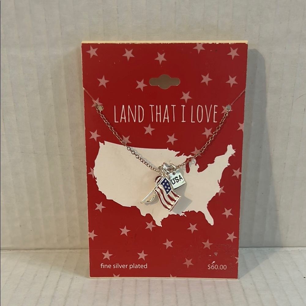 Land That I Love USA Flag Patriotic July 4th Fine Silver Plated Necklace NWT